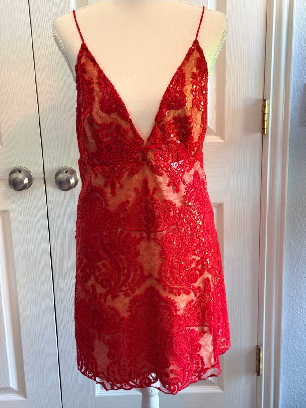 NWT Free People Night Shimmers Mini Dress Red Sequin Lace Sz 10